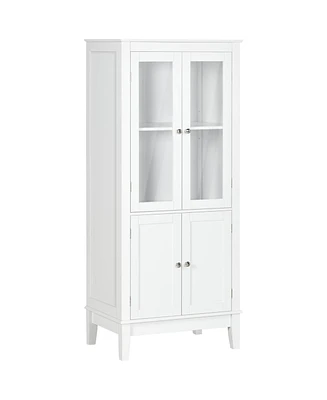 Kleankin Bathroom Floor Cabinet with 2 Storage Cabinets, Tempered Glass Door, Freestanding Linen Tower with Adjustable Shelves for Living Room, White