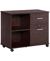 Vinsetto Lateral File Cabinet with Wheels, Mobile Printer Stand with Open Shelves and Drawers for A4 Size Documents, Walnut