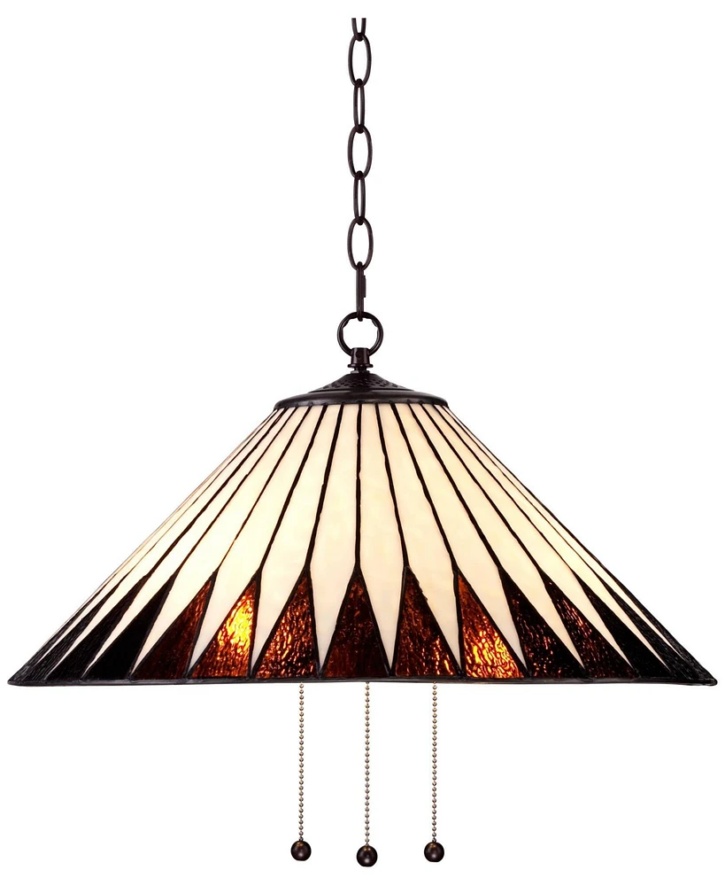 Robert Louis Tiffany Feather Bronze Tiffany Plug In Swag Pendant Chandelier 21" Wide Geometric Art Glass Fixture for Dining Room House Foyer Kitchen I