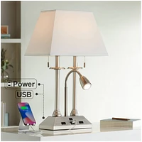 Dexter Modern Table Lamp 26" High with Usb and Ac Power Outlet in Base Brushed Nickel Led Reading Light White Linen Shade for Bedroom Living Room Hous