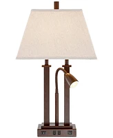 Deacon Modern Desk Table Lamp with Usb and Ac Power Outlet in Base Gooseneck Led 26" High Bronze Rectangular Linen Shade for Living Room Bedroom House
