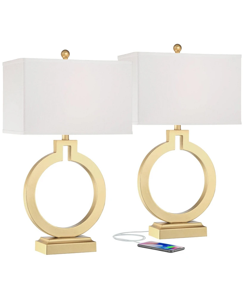 360 Lighting Modern Table Lamps 28 1/2" Tall Set of 2 with Usb Charging Port Brushed Gold Open Ring White Rectangular Shade for Bedroom Living Room Ho