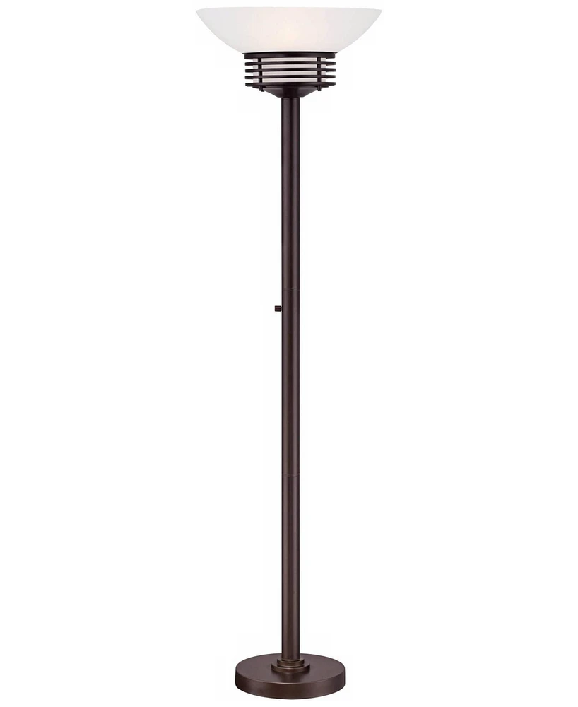 Possini Euro Design Light Blaster Modern Retro Torchiere Floor Lamp Standing 72.5" Tall Warm Bronze White Frosted Glass Bowl Shade Decor for Living Ro