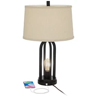 360 Lighting Marcel Modern Industrial Table Lamps 24 1/4" Tall Set of 2 with Led Nightlight Usb Port Black Metal Natural Linen Shade for Bedroom Livin