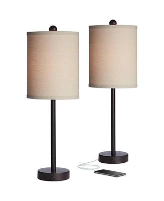 Trotter Modern Industrial Table Lamps 23.75" High Set of 2 with Usb and Outlet in Base Dimmable Led Oil Rubbed Bronze Burlap Fabric Shades Living Room