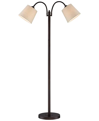 360 Lighting Seneca Modern Standing Floor Lamp 56" Tall Dark Bronze Brown Twin Arm Adjustable Gooseneck Neutral Cotton Drum Shade for Living Room Read