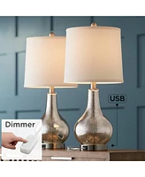 360 Lighting Ledger Modern Accent Table Lamps 21.75" High Set of 2 with Usb Charging Port and Table Top Dimmers Mercury Glass Off White Drum Shade Liv