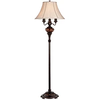 Barnes and Ivy Traditional Standing Floor Lamp Multi 4-Light 63" Tall Antique Bronze Copper Gold Tortoise Glass Font Fabric Bell Shade Candelabra Deco