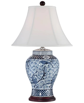 Barnes and Ivy Shonna Traditional Asian Style Jar Table Lamp with Usb Charging Port 27" Tall Blue White Floral Porcelain Flared Bell Shade for Living