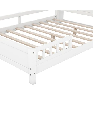 Simplie Fun Wood Full Size Platform Bed With Built-In Led Light, Storage Headboard And Guardrail, White