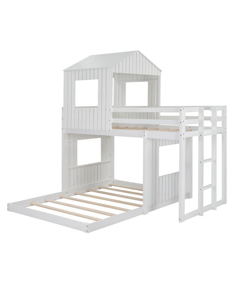 Simplie Fun Wooden Twin Over Full Bunk Bed, Loft Bed With Playhouse, Farmhouse, Ladder And Guardrails, White