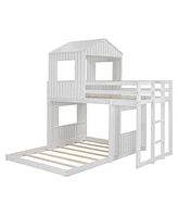 Simplie Fun Wooden Twin Over Full Bunk Bed, Loft Bed With Playhouse, Farmhouse, Ladder And Guardrails, White