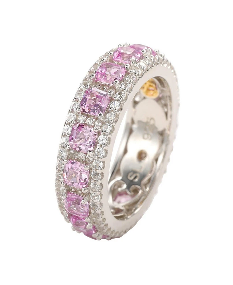 Suzy Levian New York Pink Sapphire & Lab-Grown White Asscher Cut Modern Eternity Band Ring Sterling Silver by