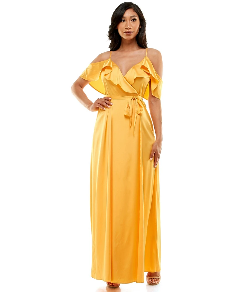 bebe Women's Cold Shoulder Ruffle Maxi Dress, Amber - XXLarge