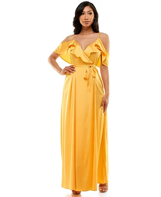 bebe Women's Cold Shoulder Ruffle Maxi Dress, Amber - XXLarge