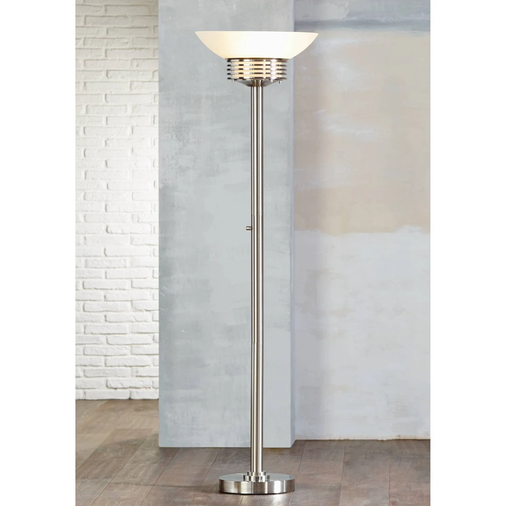 Possini Euro Design Light Blaster Art Deco Torchiere Floor Lamp Led 72.5" Tall Brushed Nickel Silver Frosted White Glass Bowl Standing Pole Light For