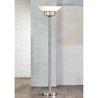 Possini Euro Design Light Blaster Art Deco Torchiere Floor Lamp Led 72.5" Tall Brushed Nickel Silver Frosted White Glass Bowl Standing Pole Light For