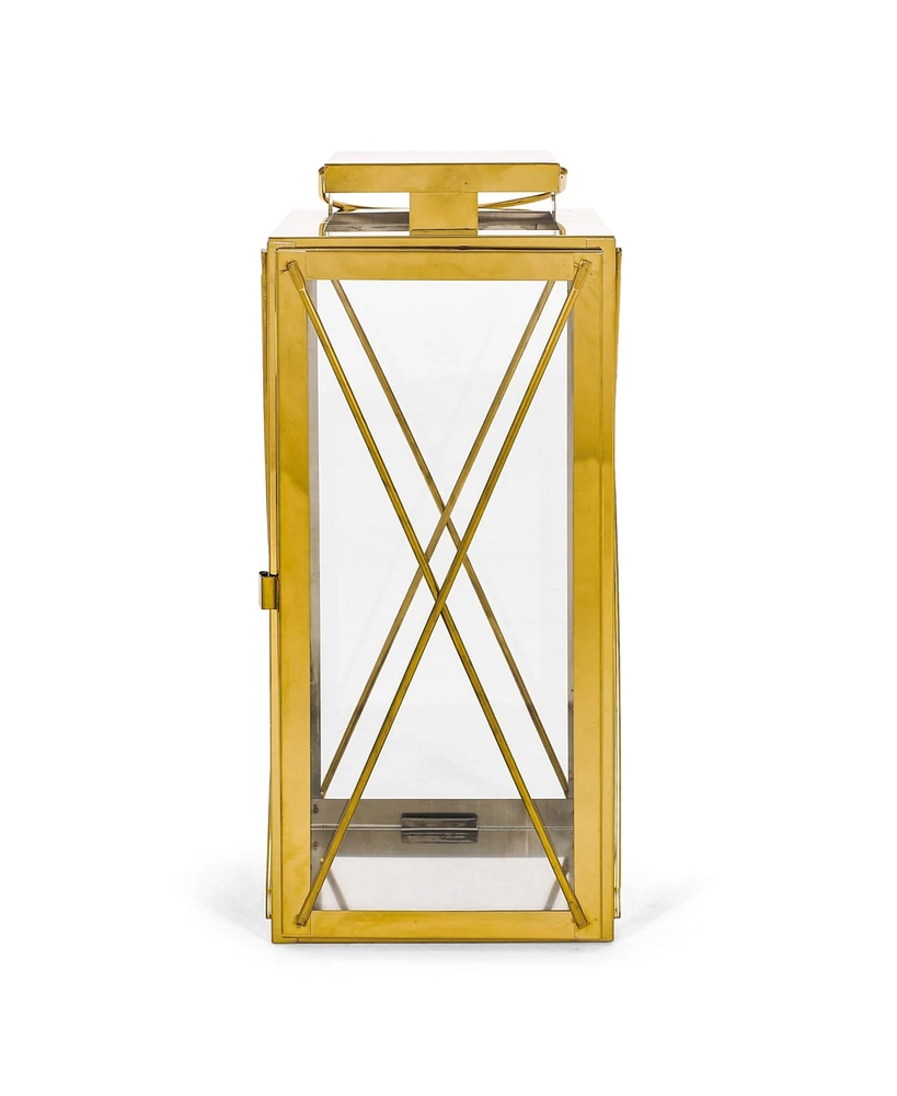 Simplie Fun Modern Stainless Steel Lantern with X-Frame and Tempered Glass