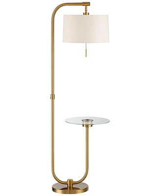 Possini Euro Design Volta Mid Century Modern Arched Floor Lamp with Usb Charging Port Glass Tray Table 66" Tall Antique Brass Gold Metal White Linen D