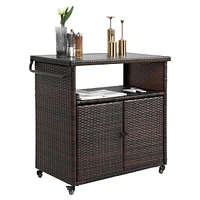 Streamdale Furniture Outdoor Wicker Bar Cart with Wheels and Glass Tabletop