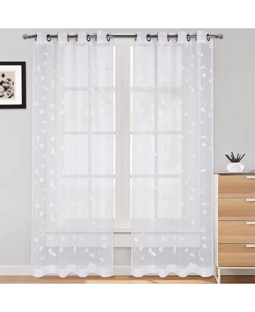 Caromio Leaves Embroidered Grommet Sheer Window Curtain Panels Set