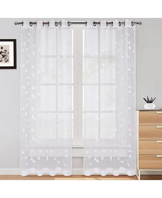 Caromio Leaves Embroidered Grommet Sheer Window Curtain Panels Set