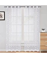 Caromio Leaves Embroidered Grommet Sheer Window Curtain Panels Set