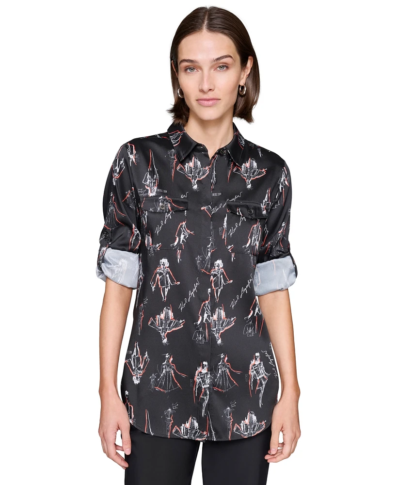 Karl Lagerfeld Paris Women's Printed Utility Button-Front Top