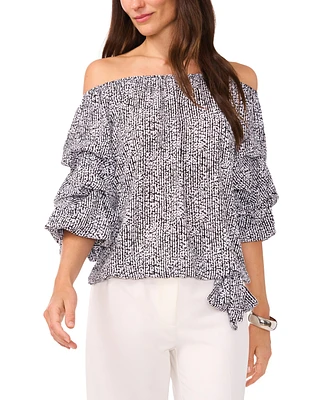 Vince Camuto Women's Printed Off The Shoulder Bubble Sleeve Tie Front Blouse