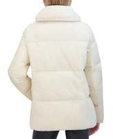 Tahari Women's Mixed-Media Stand-Collar Puffer Coat