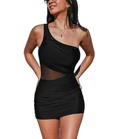 Cupshe Women's Black Asymmetrical Mesh Waist Swim Dress