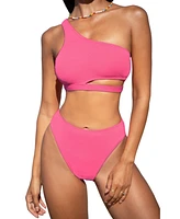 Cupshe Women's Bubblegum Pink One-Shoulder Bikini Top & Cheeky Bottoms Set