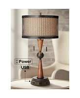 Franklin Iron Works Hunter Rustic Farmhouse Table Lamp with Usb and Ac Power Outlet Workstation Charging Base 28.75" Tall Bronze Cherry Wood Double Dr