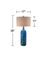 Mid Century Modern Style Table Lamp with Table Top Dimmer 36" Tall Teal Glaze Ceramic Tan Linen Drum Shade for Living Room Bedroom House Bedside