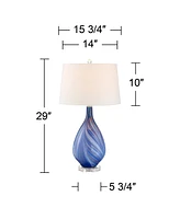 Possini Euro Design Taylor Modern Table Lamp 29" Tall with Table Top Dimmer Blue Art Glass White Fabric Tapered Drum Shade for Bedroom Living Room Hou