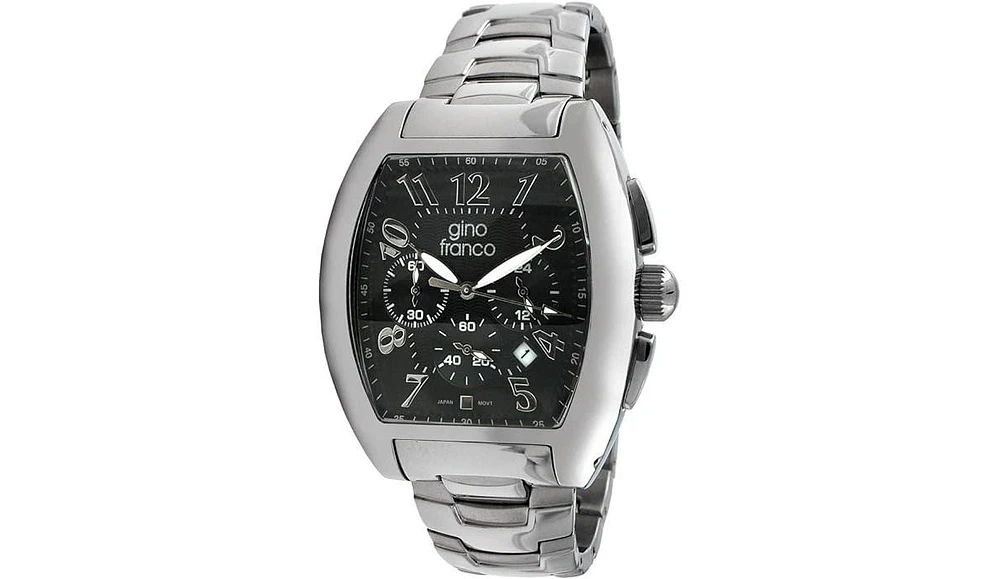 Gino Franco Men's Black Dial Barrel Shaped Watch with Stainless Steel Bracelet and Chronograph