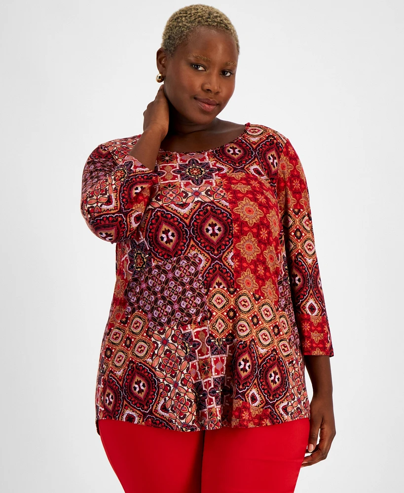 Jm Collection Plus Regal Tiles 3/4-Sleeve Top, Created for Macy's