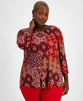 Jm Collection Plus Regal Tiles 3/4-Sleeve Top, Created for Macy's