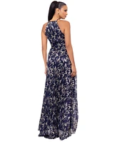 Betsy & Adam Women's Metallic Print Sleeveless Halter Gown