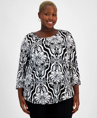 Jm Collection Plus Baroque Garden 3/4-Sleeve Top, Created for Macy's