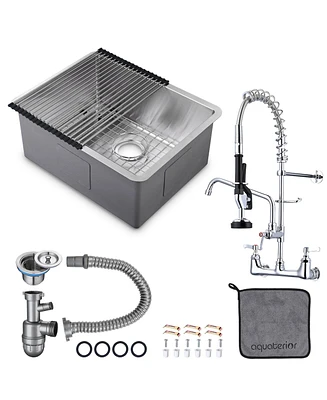 Aquaterior Wall Mount Pre-Rinse Faucet Undermount Kitchen Sink Kit Height Sprayer Single Bowl Sink Basin, with Drain Pipe, Basket Strainer