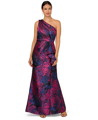 Adrianna Papell Women's Jacquard Printed Asymmetric One-Shoulder Gown