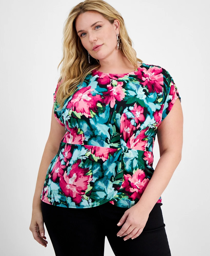 I.n.c. International Concepts Plus Printed Gathered Top, Created for Macy's