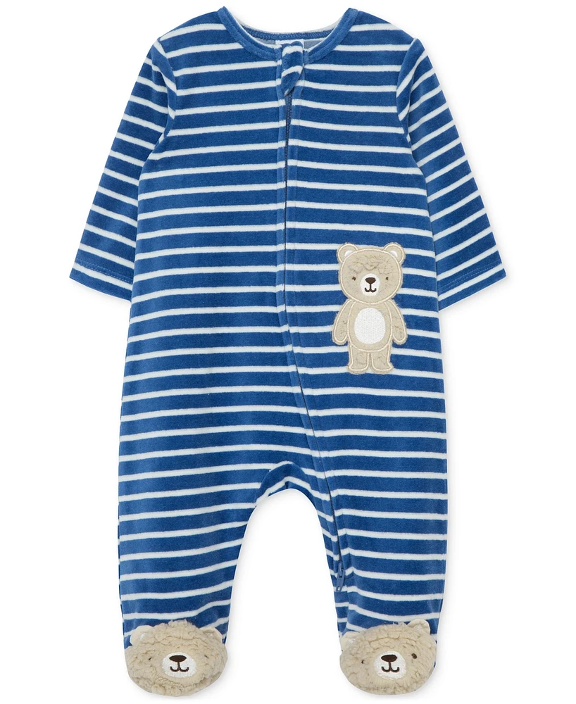 Little Me Baby Boys Striped Fuzzy Bear Footed Coverall