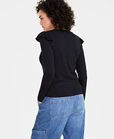 On 34th Women's Ruffle-Trim Ribbed Long-Sleeve Top, Created for Macy's