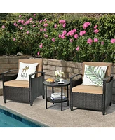 3 Pieces Patio Rattan Furniture Set Cushioned Sofa Storage Table with Shelf Garden