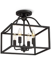 Franklin Iron Works Elle Farmhouse Rustic Close To Ceiling Light Semi-Flush Mount Fixture Black 13" Wide 4-Light Open Square Cage for House Bedroom Ha