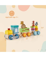 Wooden Stackable Train Set Kids Educational Fun Cars with Animal Toys & Locomotive