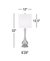 Possini Euro Design Modern Buffet Table Lamp 32" Tall Skinny Brushed Nickel Silver Metal Gourd White Fabric Cylinder Shade Decor Bedroom Living Room H