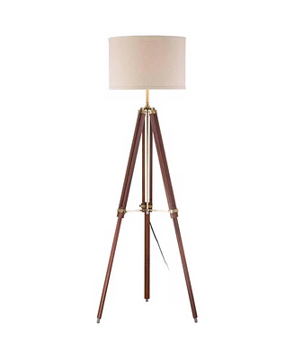 Possini Euro Design Surveyor Modern Tripod Style Floor Lamp Adjustable Height 57.5" Tall Cherry Wood Antique Brass Beige Linen Drum Shade Decor for Li